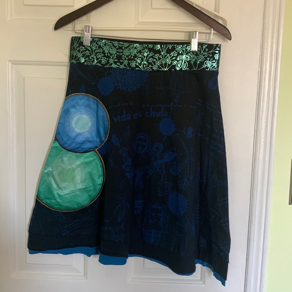 Desigual Black Blue Green Patterned Midi Skirt size M